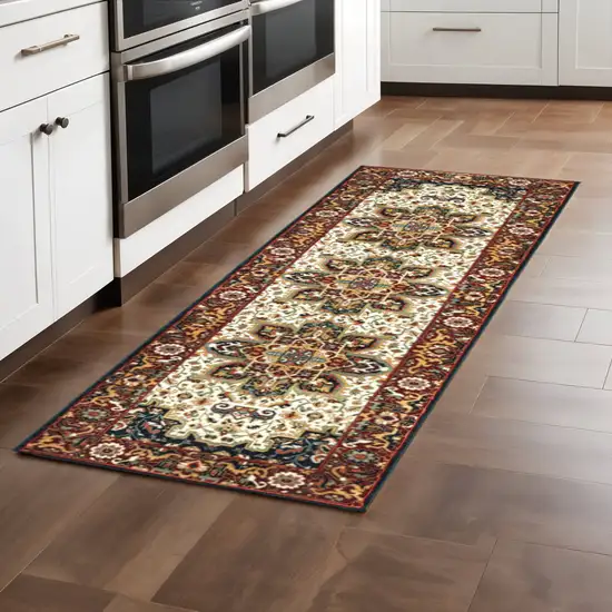 2' X 8' Red And Ivory Oriental Power Loom Stain Resistant Runner Rug Photo 1