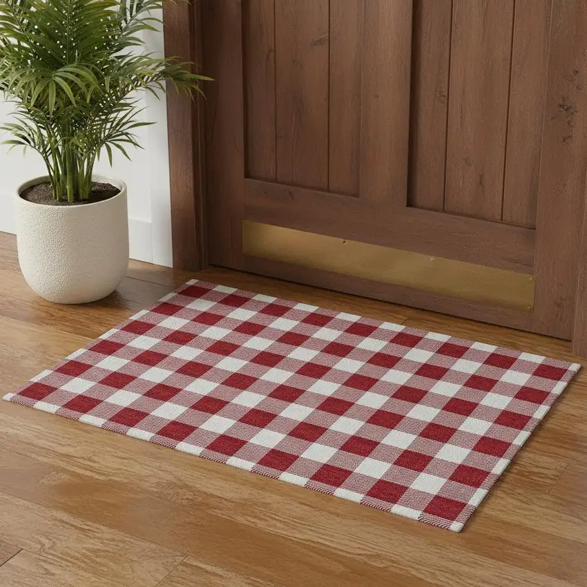 Red And Ivory Plaid Washable Area Rug With UV Protection Photo 2