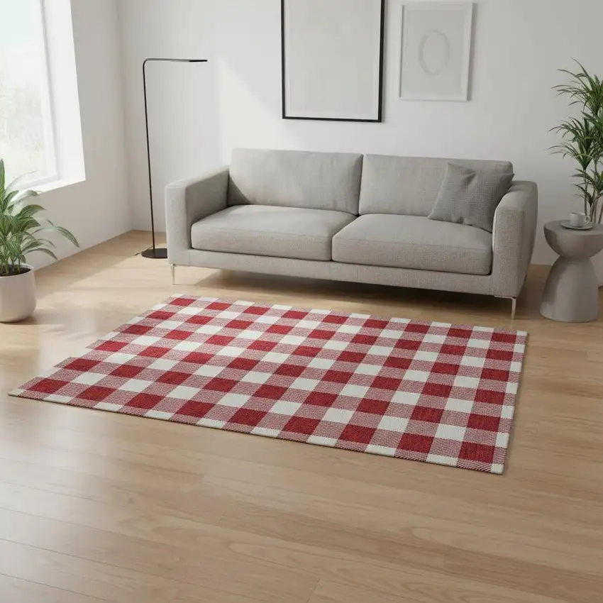 Red And Ivory Plaid Washable Area Rug With UV Protection Photo 2