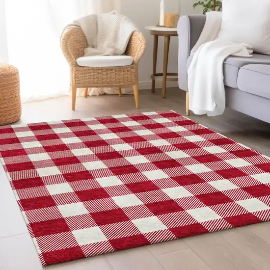 Red And Ivory Plaid Washable Area Rug With UV Protection Photo 4