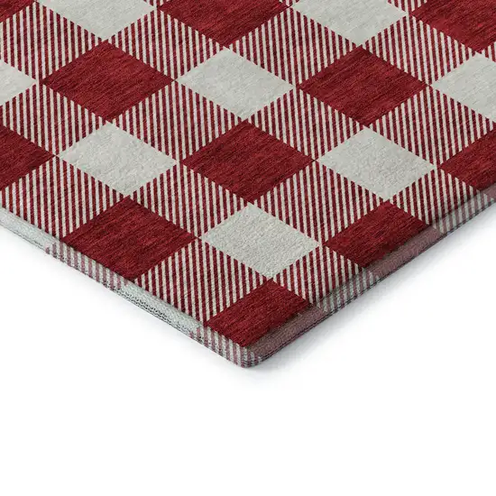 Red And Ivory Plaid Washable Area Rug With UV Protection Photo 7