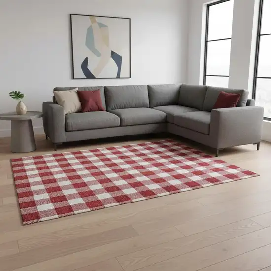 Red And Ivory Plaid Washable Area Rug With UV Protection Photo 2