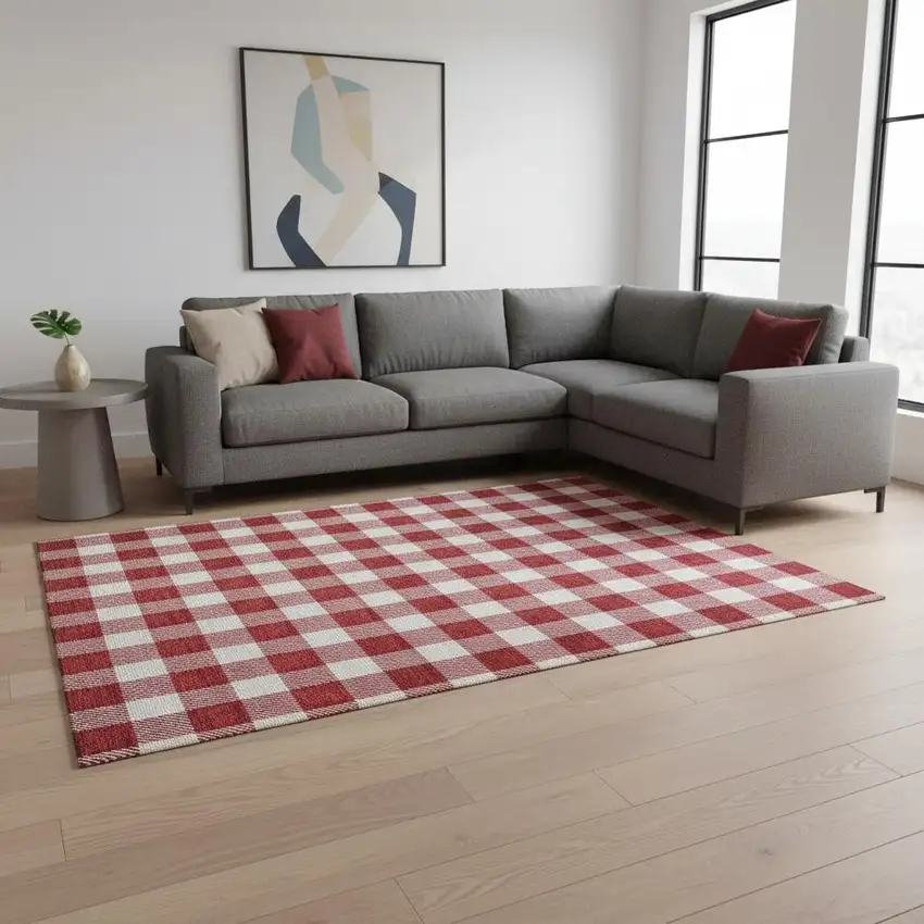 Red And Ivory Plaid Washable Area Rug With UV Protection Photo 2
