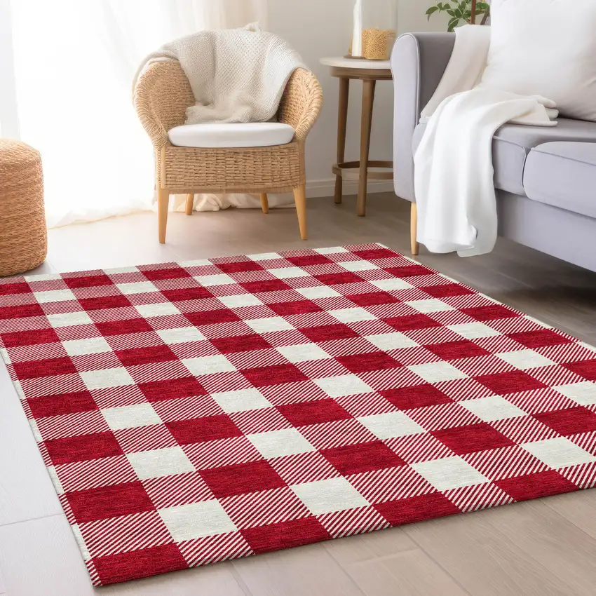 Red And Ivory Plaid Washable Area Rug With UV Protection Photo 4