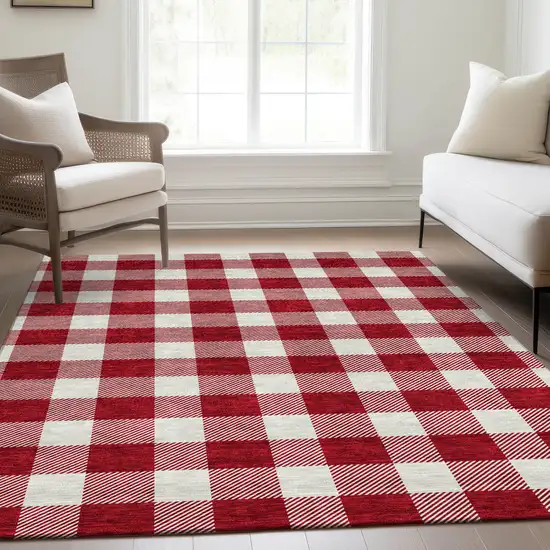 Red And Ivory Plaid Washable Area Rug With UV Protection Photo 4