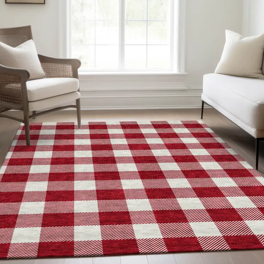 Red And Ivory Plaid Washable Area Rug With UV Protection Photo 4