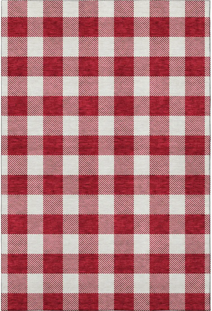 Red And Ivory Plaid Washable Area Rug With UV Protection Photo 2