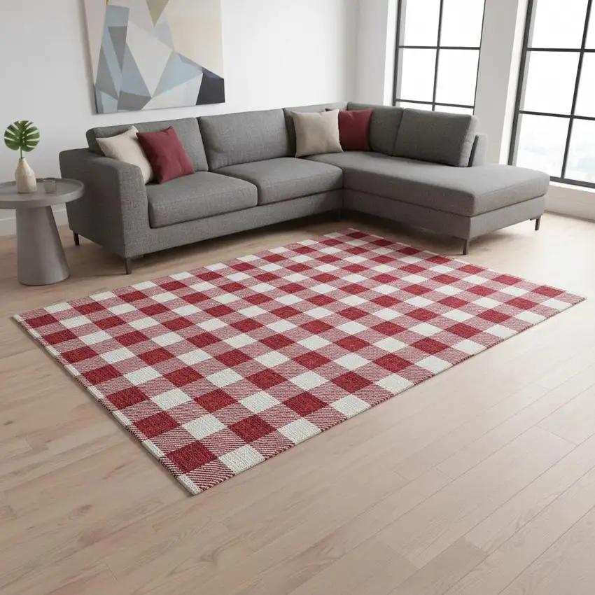 Red And Ivory Plaid Washable Area Rug With UV Protection Photo 2