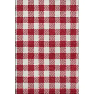 Photo of Red And Ivory Plaid Washable Area Rug With UV Protection