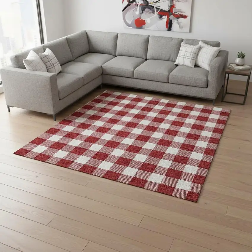 Red And Ivory Plaid Washable Area Rug With UV Protection Photo 2