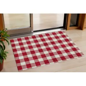 Photo of Red And Ivory Plaid Washable Indoor Outdoor Area Rug