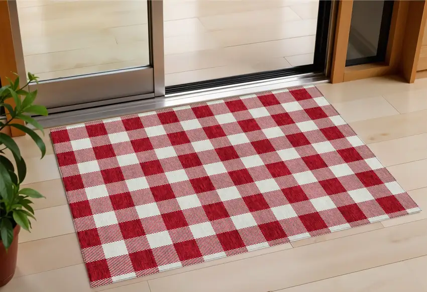 Red And Ivory Plaid Washable Indoor Outdoor Area Rug Photo 1