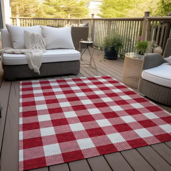 Red And Ivory Plaid Washable Indoor Outdoor Area Rug Photo 9