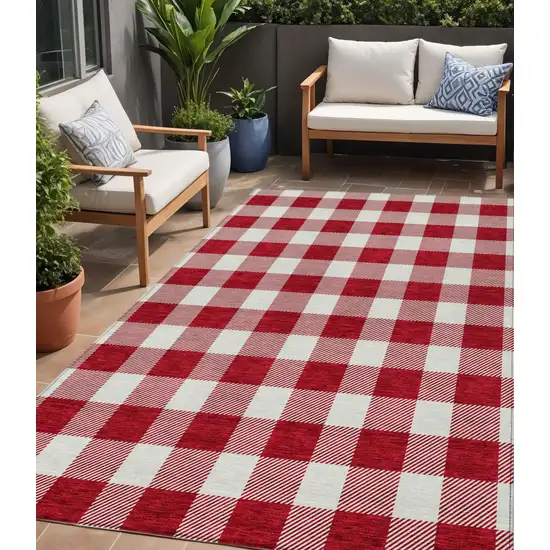Red And Ivory Plaid Washable Indoor Outdoor Area Rug Photo 1