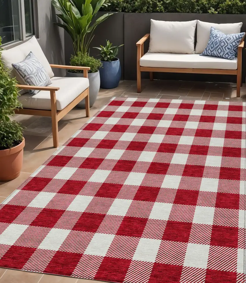 Red And Ivory Plaid Washable Indoor Outdoor Area Rug Photo 1