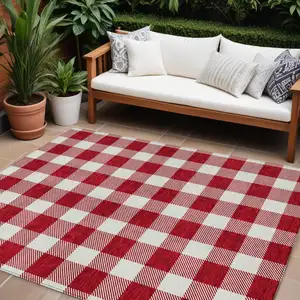 Photo of Red And Ivory Plaid Washable Indoor Outdoor Area Rug