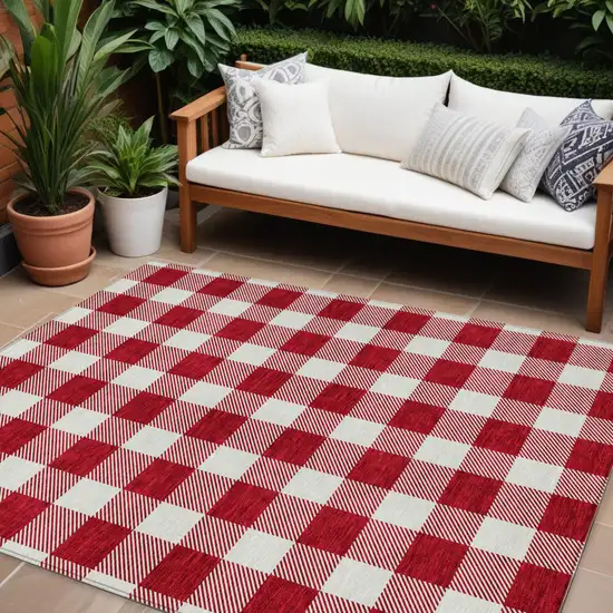 Red And Ivory Plaid Washable Indoor Outdoor Area Rug Photo 1