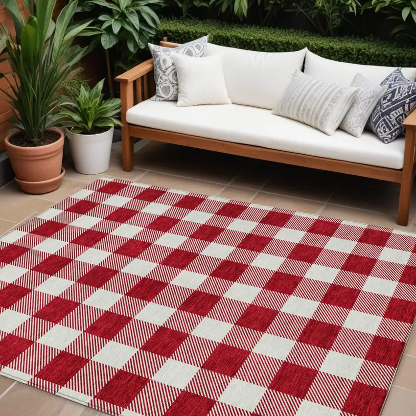 Red And Ivory Plaid Washable Indoor Outdoor Area Rug Photo 1