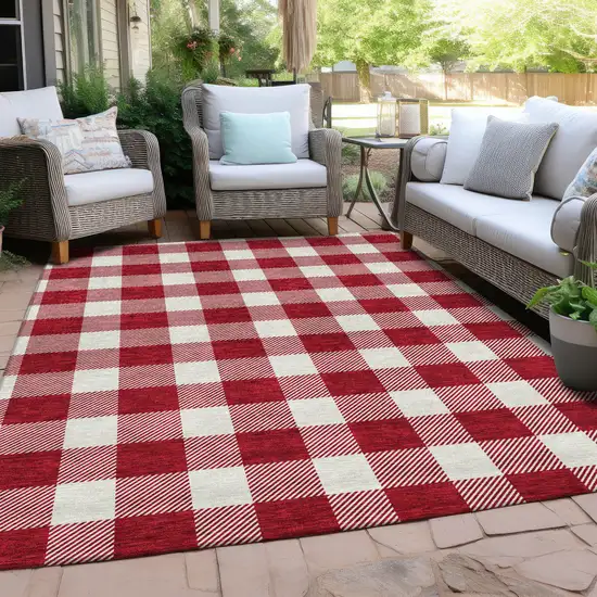 Red And Ivory Plaid Washable Indoor Outdoor Area Rug Photo 7