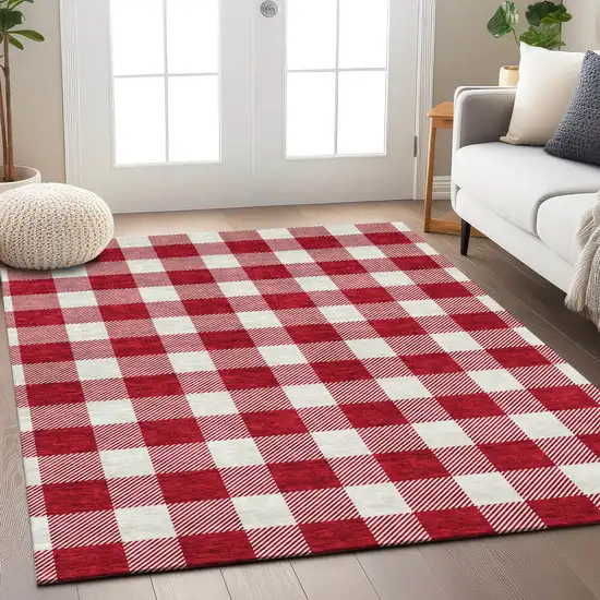 Red And Ivory Plaid Washable Indoor Outdoor Area Rug Photo 8