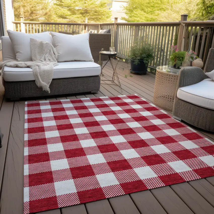 Red And Ivory Plaid Washable Indoor Outdoor Area Rug Photo 9