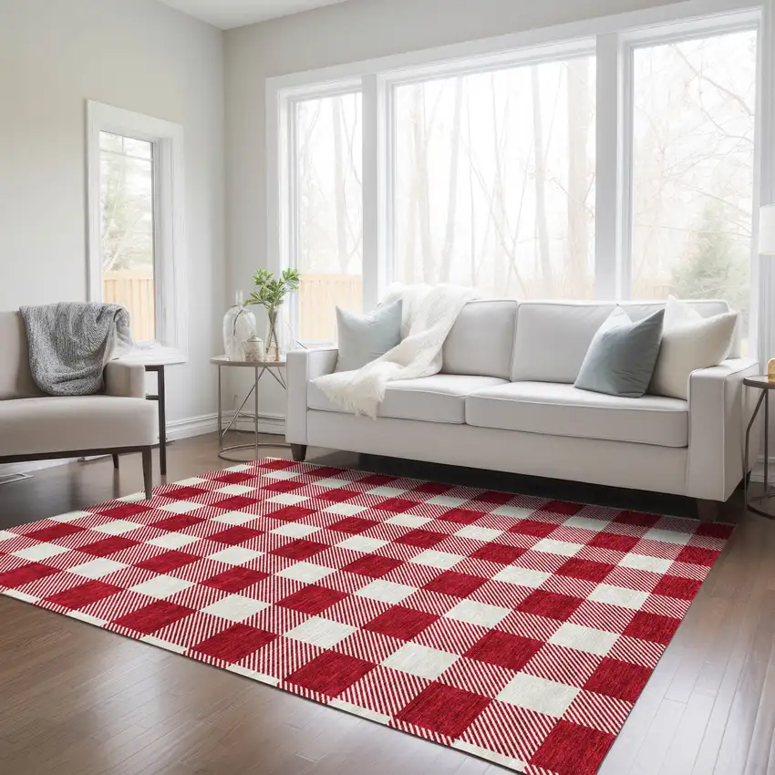 Red And Ivory Plaid Washable Indoor Outdoor Area Rug Photo 9