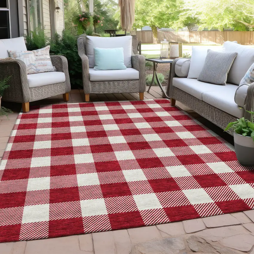 Red And Ivory Plaid Washable Indoor Outdoor Area Rug Photo 7