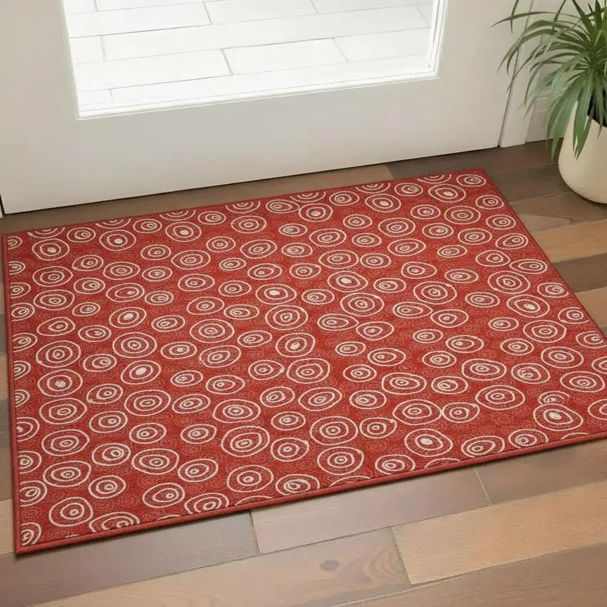 Red And Ivory Polka Dot Washable Area Rug With UV Protection Photo 2