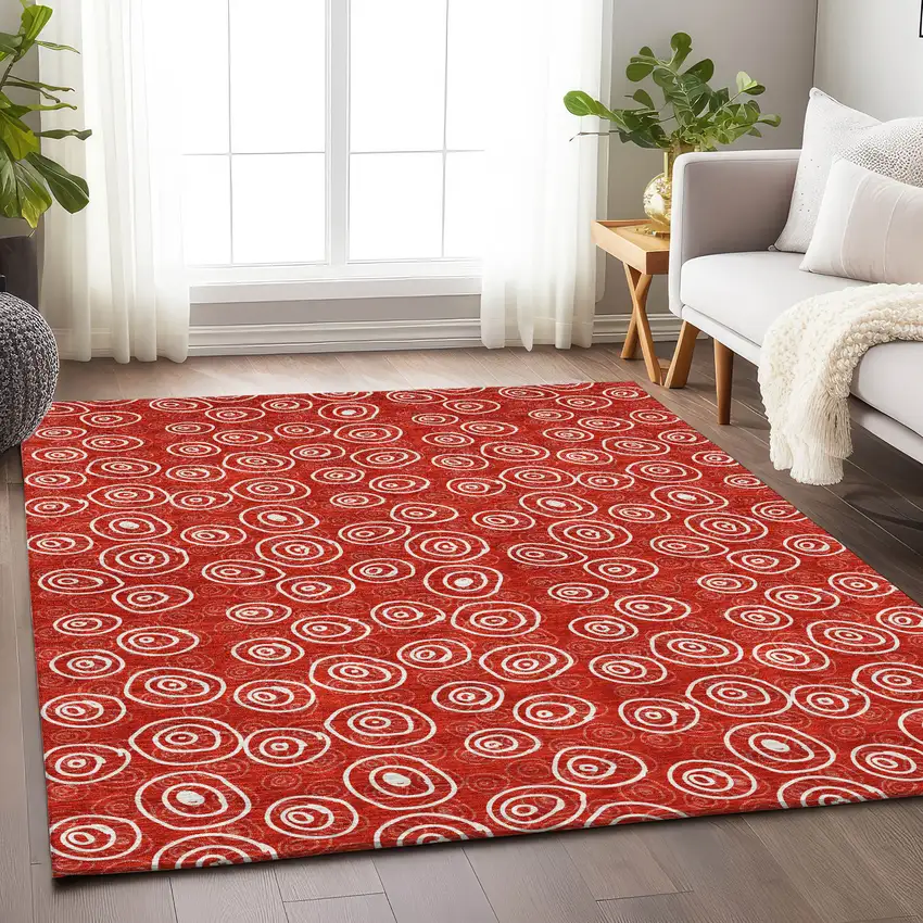 Red And Ivory Polka Dot Washable Area Rug With UV Protection Photo 5