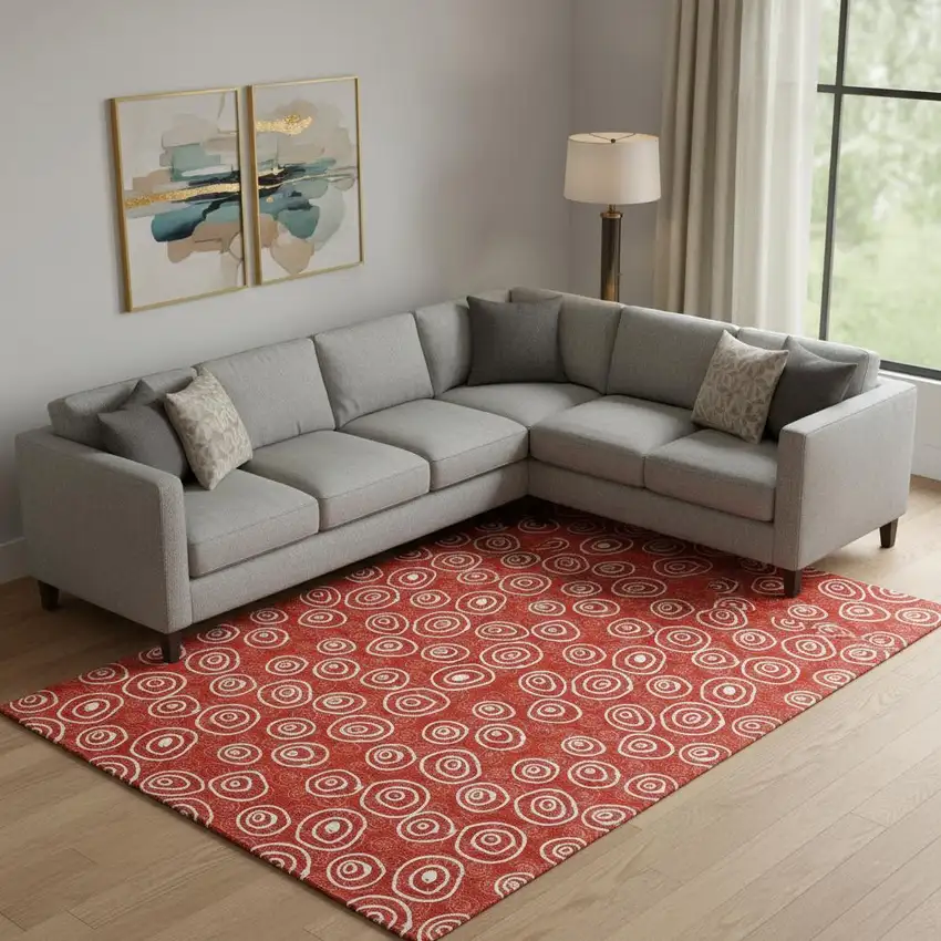 Red And Ivory Polka Dot Washable Area Rug With UV Protection Photo 1