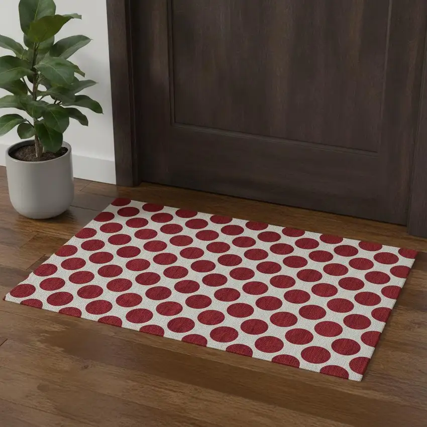 Red And Ivory Polka Dot Washable Area Rug With UV Protection Photo 1