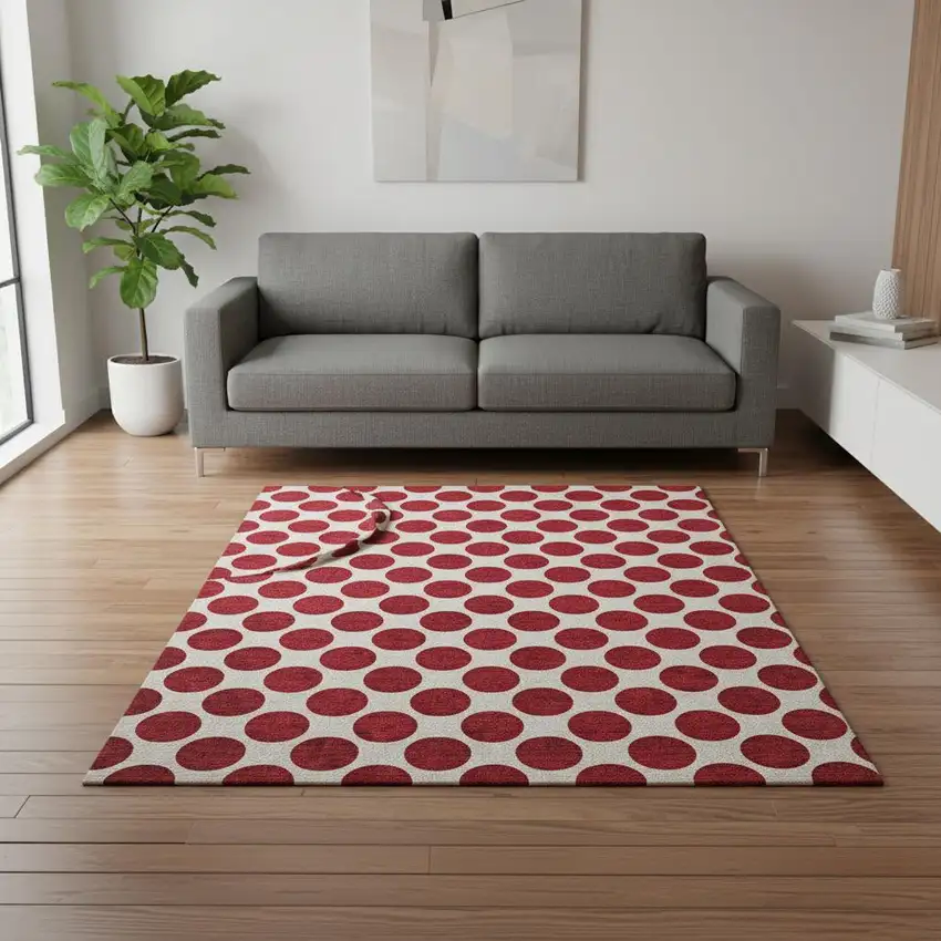 Red And Ivory Polka Dot Washable Area Rug With UV Protection Photo 2