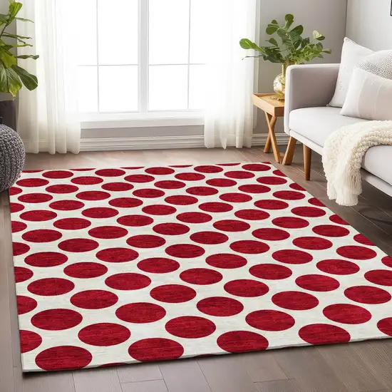 Red And Ivory Polka Dot Washable Area Rug With UV Protection Photo 4