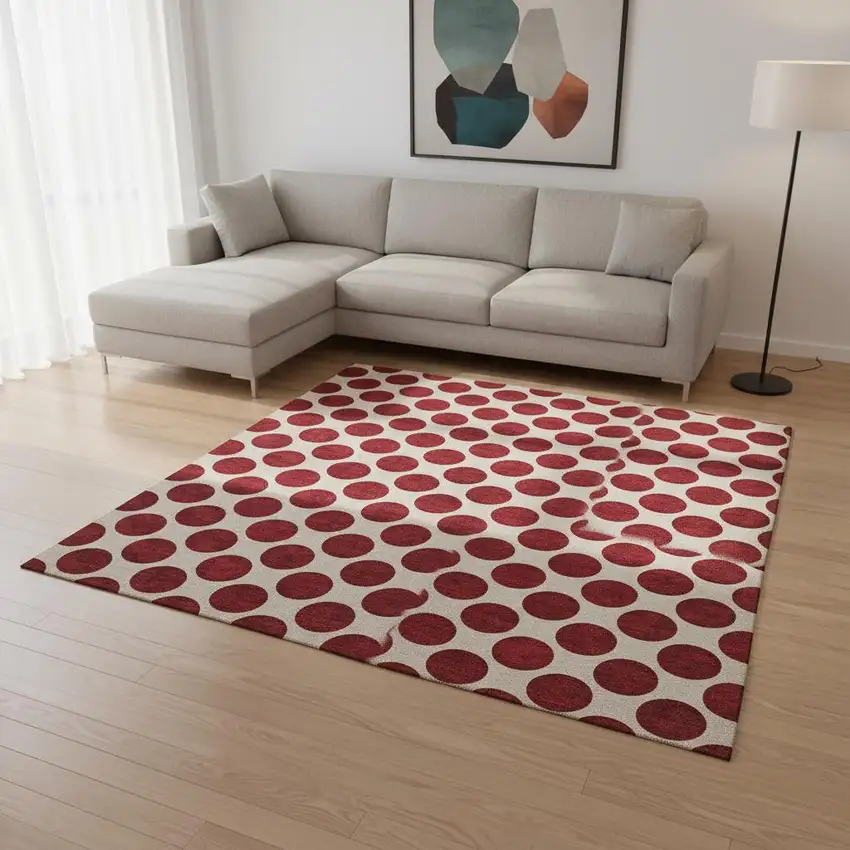 Red And Ivory Polka Dot Washable Area Rug With UV Protection Photo 2