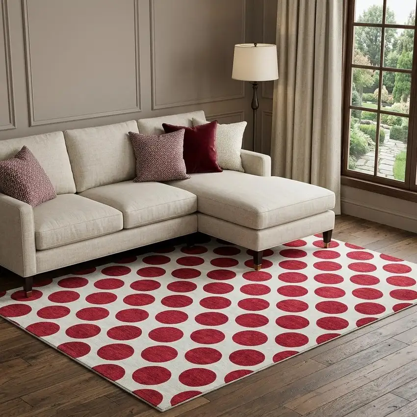 Red And Ivory Polka Dot Washable Area Rug With UV Protection Photo 1