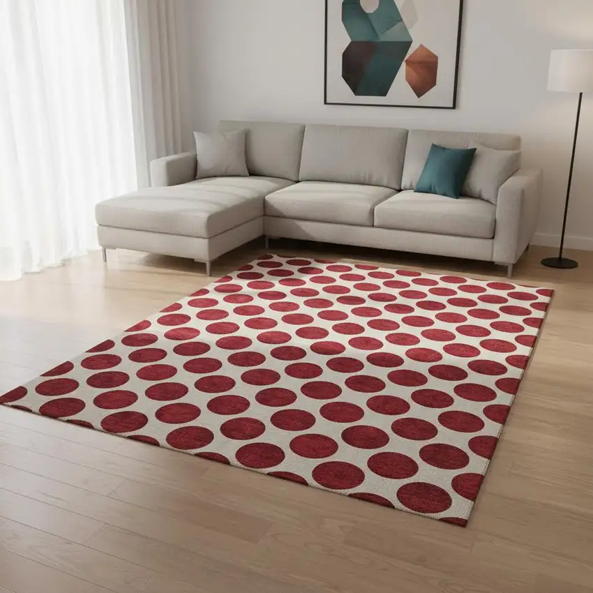 Red And Ivory Polka Dot Washable Area Rug With UV Protection Photo 2