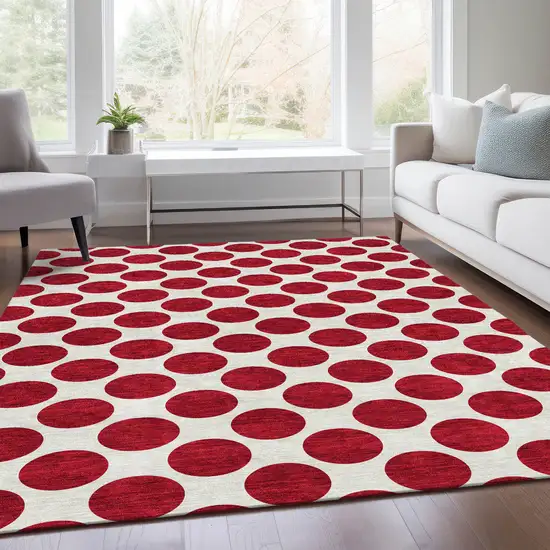 Red And Ivory Polka Dot Washable Area Rug With UV Protection Photo 5