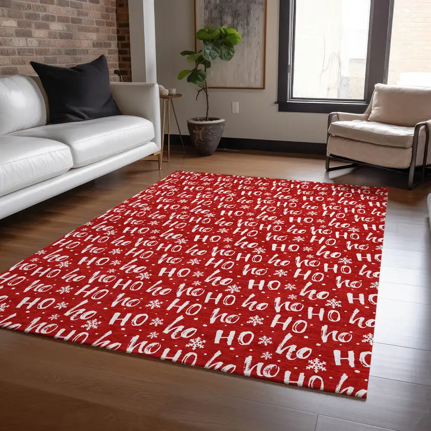 Red And Ivory Polka Dot Washable Indoor Outdoor Area Rug Photo 5