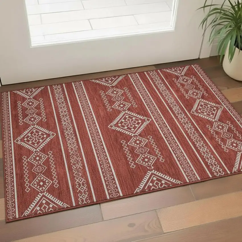 Red And Ivory Southwestern Washable Area Rug With UV Protection Photo 1