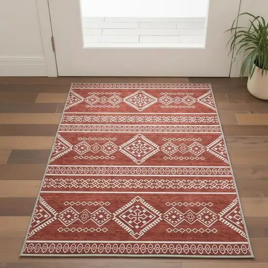 Red And Ivory Southwestern Washable Area Rug With UV Protection Photo 2