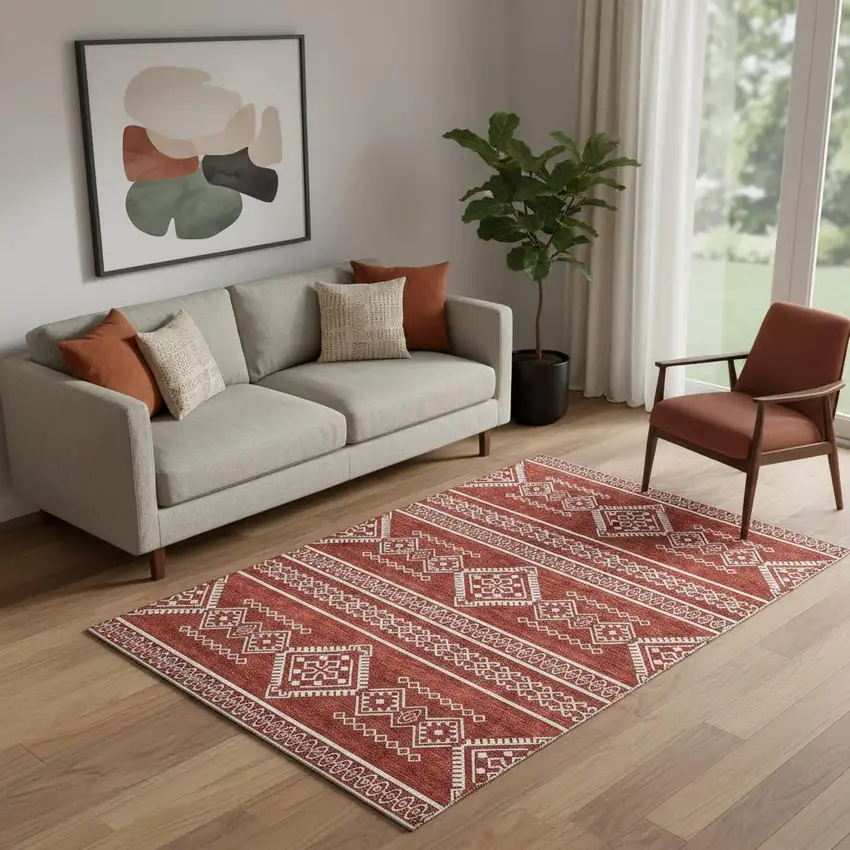 Red And Ivory Southwestern Washable Area Rug With UV Protection Photo 1