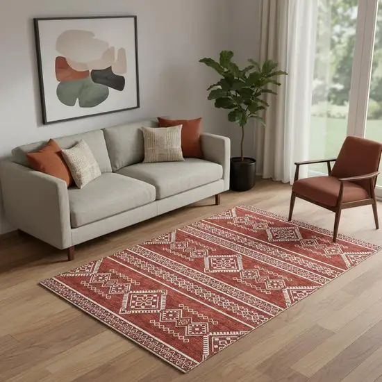 Red And Ivory Southwestern Washable Area Rug With UV Protection Photo 1