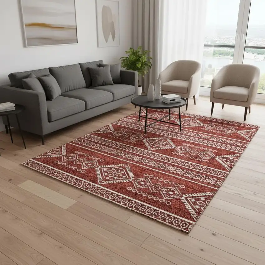 Red And Ivory Southwestern Washable Area Rug With UV Protection Photo 2