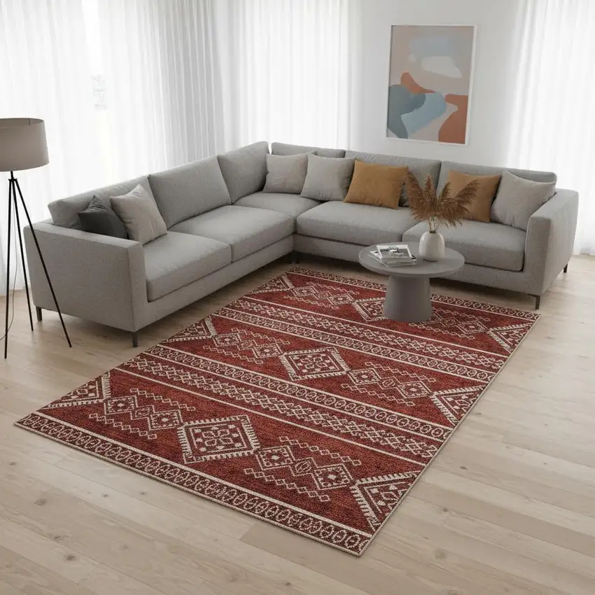 Red And Ivory Southwestern Washable Area Rug With UV Protection Photo 2