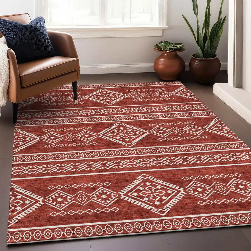 Red And Ivory Southwestern Washable Area Rug With UV Protection Photo 5