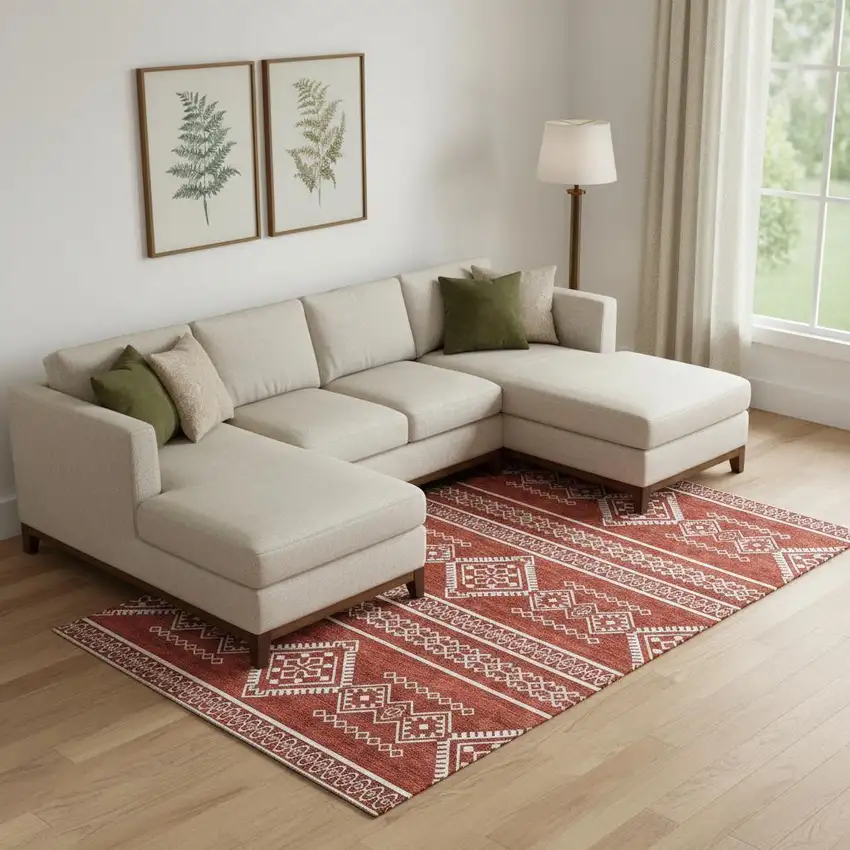 Red And Ivory Southwestern Washable Area Rug With UV Protection Photo 1