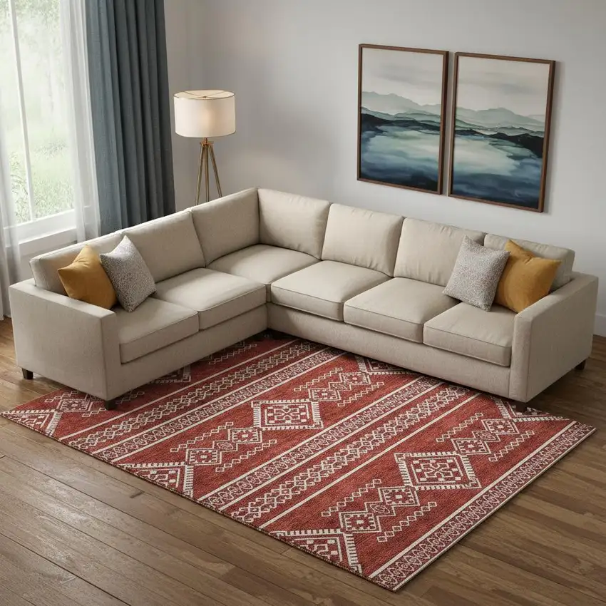 Red And Ivory Southwestern Washable Area Rug With UV Protection Photo 1