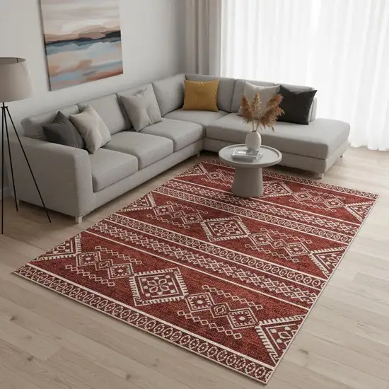 Red And Ivory Southwestern Washable Area Rug With UV Protection Photo 2