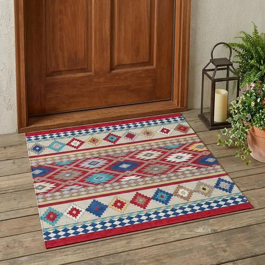 Red And Ivory Southwestern Washable Indoor Outdoor Area Rug Photo 1