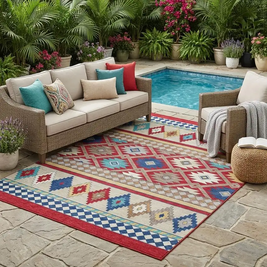 Red And Ivory Southwestern Washable Indoor Outdoor Area Rug Photo 1
